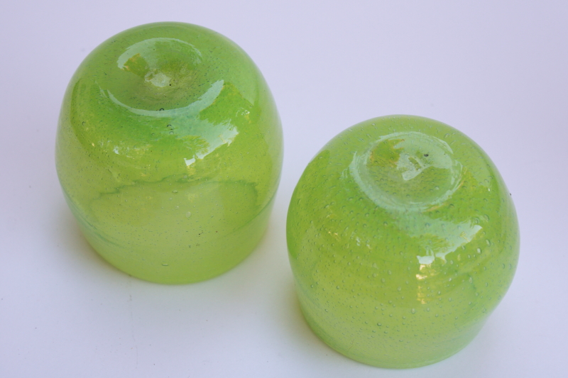 photo of chunky roly poly tumblers or stemless wine glasses, hand blown artisan glass lime green #4