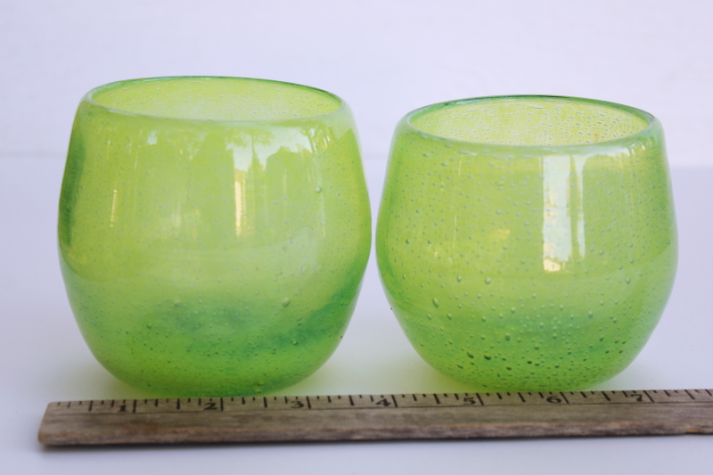 photo of chunky roly poly tumblers or stemless wine glasses, hand blown artisan glass lime green #5