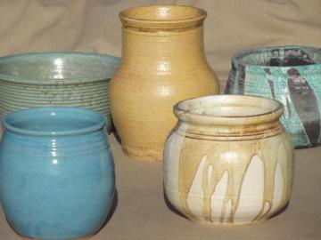 catalog photo of chunky rustic hand thrown pottery planters & vases, studio art pottery