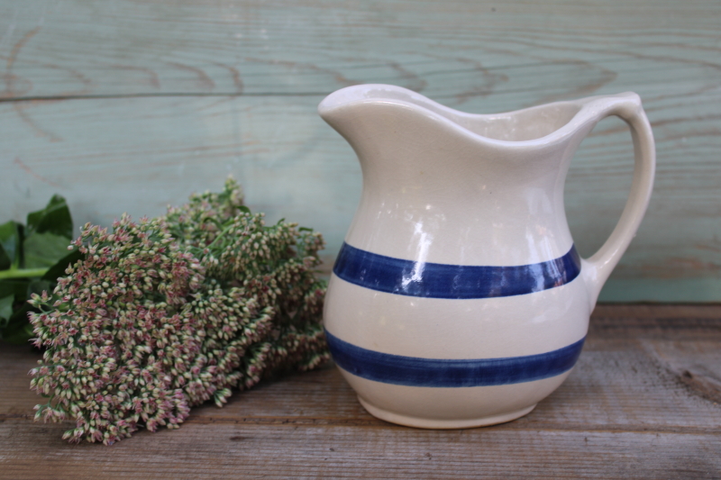 photo of chunky stoneware pitcher w/ blue bands, vintage Robinson Ransbottom pottery  #1