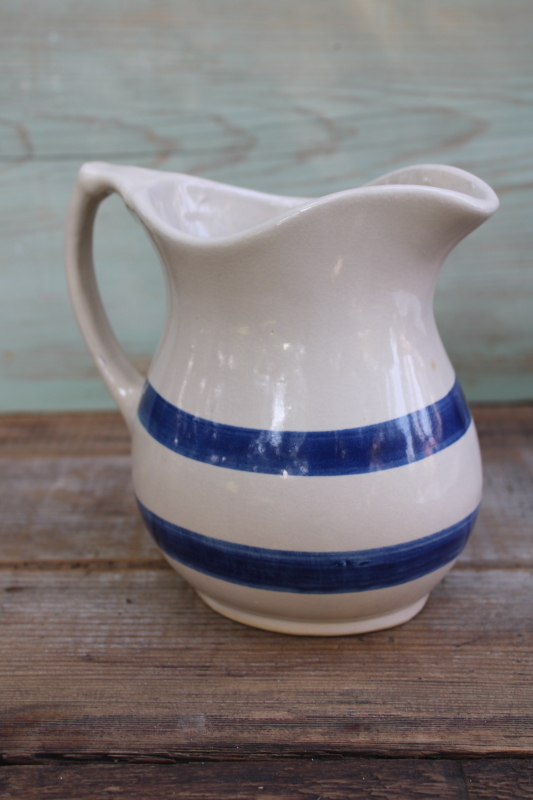photo of chunky stoneware pitcher w/ blue bands, vintage Robinson Ransbottom pottery  #4