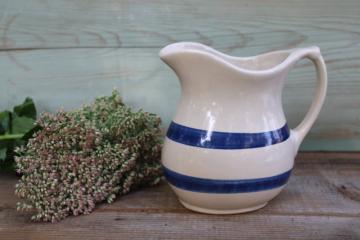 chunky stoneware pitcher w/ blue bands, vintage Robinson Ransbottom pottery 