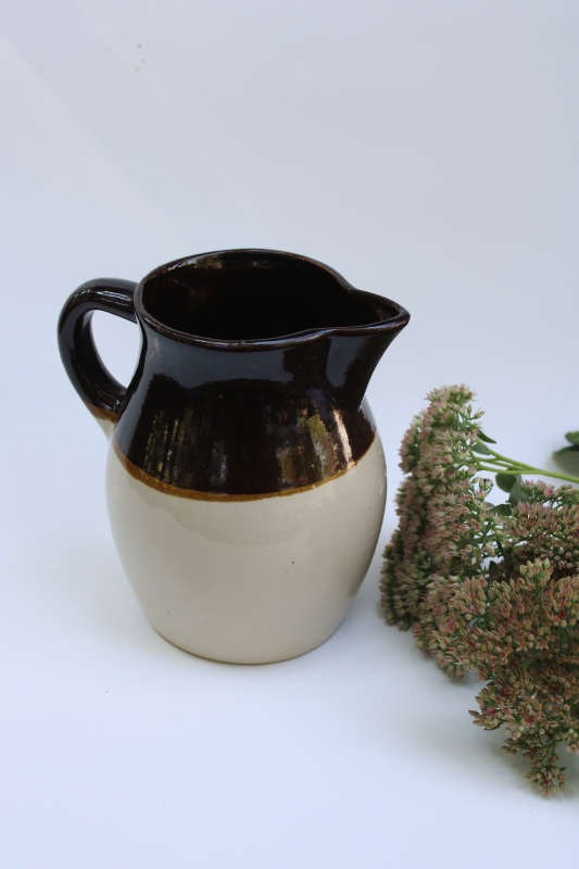 photo of chunky stoneware pottery pitcher, primitive vintage country farmhouse kitchenware #1