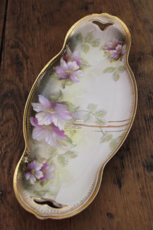 photo of circa 1900 antique German china tray, oblong dish / hand painted clematis floral #1