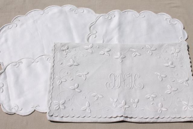 photo of circa 1900 vintage whitework embroidered hope chest linens, monogram cotton envelope bags #1