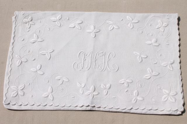 photo of circa 1900 vintage whitework embroidered hope chest linens, monogram cotton envelope bags #5