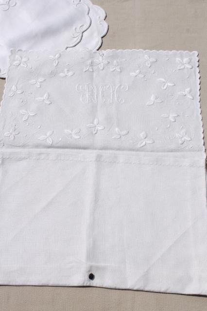 photo of circa 1900 vintage whitework embroidered hope chest linens, monogram cotton envelope bags #7