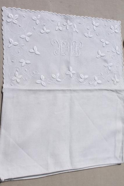 photo of circa 1900 vintage whitework embroidered hope chest linens, monogram cotton envelope bags #9