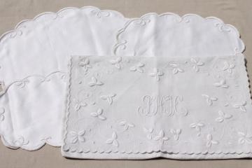 catalog photo of circa 1900 vintage whitework embroidered hope chest linens, monogram cotton envelope bags