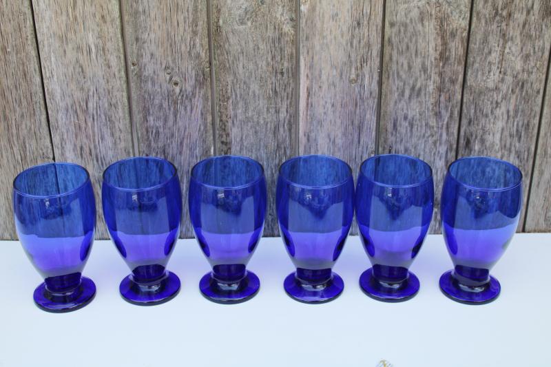photo of classic cobalt blue glass drinking glasses, vintage set of footed tumblers #1