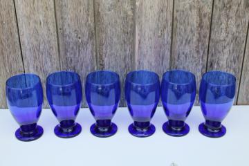 catalog photo of classic cobalt blue glass drinking glasses, vintage set of footed tumblers