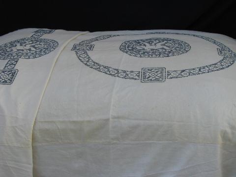 photo of classical tile pattern embroidered linen bed cover, 1920s-30s vintage #1