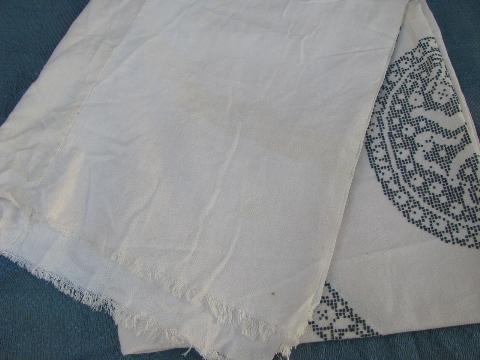 photo of classical tile pattern embroidered linen bed cover, 1920s-30s vintage #5