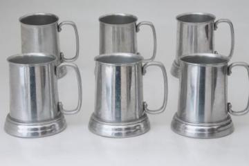 catalog photo of clear bottom beer steins, set of six vintage pewter aluminum tavern mugs