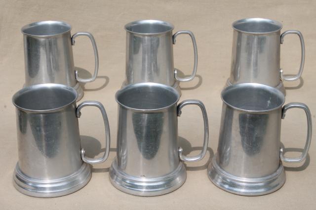 photo of clear bottom beer steins, set of six vintage pewter aluminum tavern mugs #1