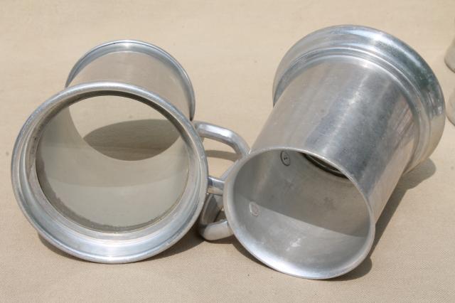 photo of clear bottom beer steins, set of six vintage pewter aluminum tavern mugs #2