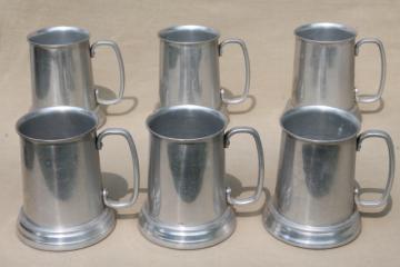 catalog photo of clear bottom beer steins, set of six vintage pewter aluminum tavern mugs