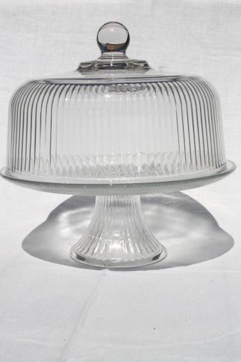 photo of clear glass cake stand, footed plate w/ ribbed glass cover in original old box #1