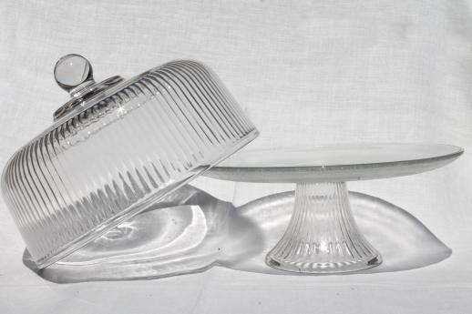 photo of clear glass cake stand, footed plate w/ ribbed glass cover in original old box #3