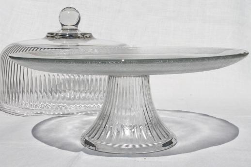 photo of clear glass cake stand, footed plate w/ ribbed glass cover in original old box #4