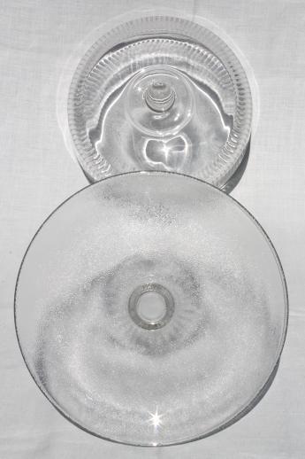 photo of clear glass cake stand, footed plate w/ ribbed glass cover in original old box #7