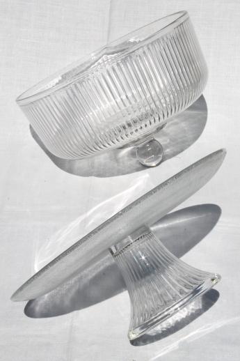 photo of clear glass cake stand, footed plate w/ ribbed glass cover in original old box #9