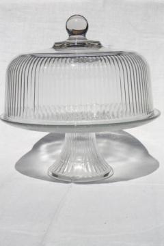 catalog photo of clear glass cake stand, footed plate w/ ribbed glass cover in original old box