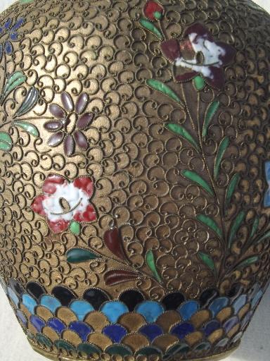 photo of cloisonne enamel brass Chinese tea caddy, old chinoiserie ginger jar  #2