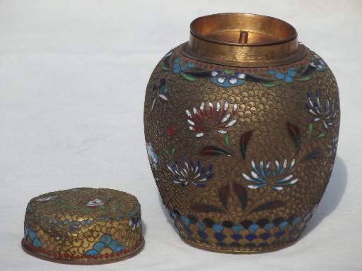 photo of cloisonne enamel brass Chinese tea caddy, old chinoiserie ginger jar  #4