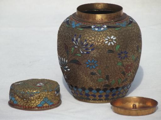 photo of cloisonne enamel brass Chinese tea caddy, old chinoiserie ginger jar  #5