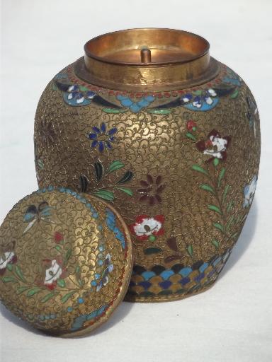 photo of cloisonne enamel brass Chinese tea caddy, old chinoiserie ginger jar  #10