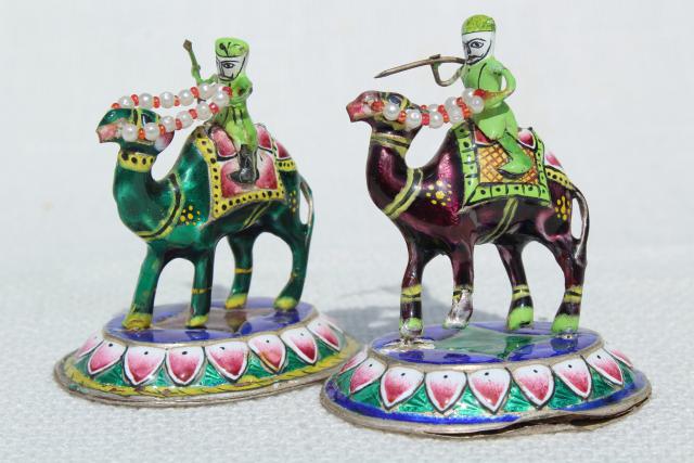 photo of cloisonne enamel metal miniatures soldiers, warriors on camels, silk road travel souvenirs #1