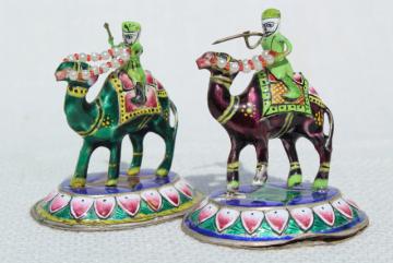 catalog photo of cloisonne enamel metal miniatures soldiers, warriors on camels, silk road travel souvenirs