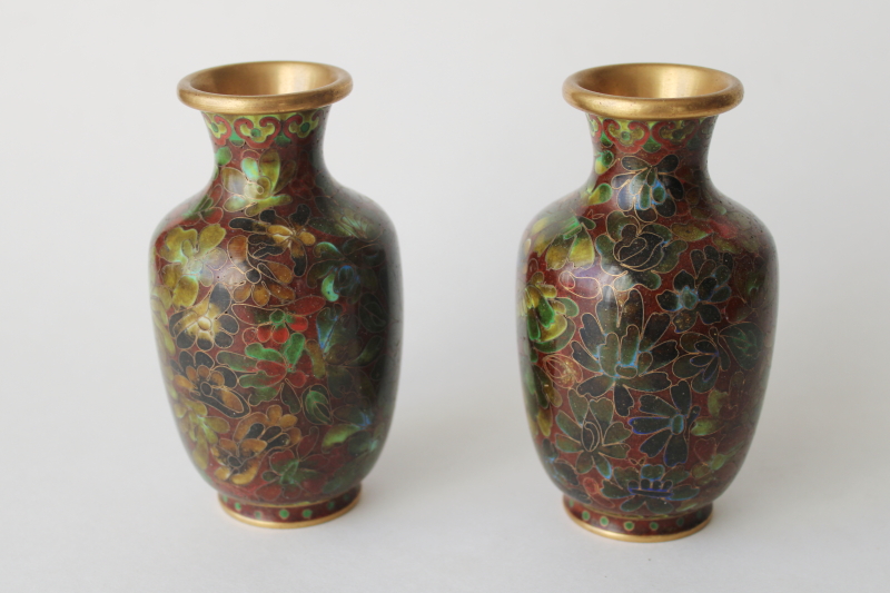 photo of cloisonne enamel small decorative urns, pair of vintage Chinese vases #1