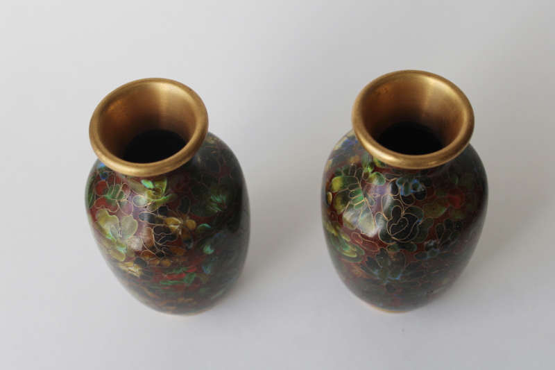 photo of cloisonne enamel small decorative urns, pair of vintage Chinese vases  #2