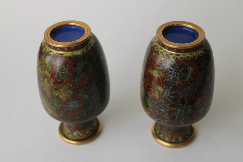 photo of cloisonne enamel small decorative urns, pair of vintage Chinese vases  #3