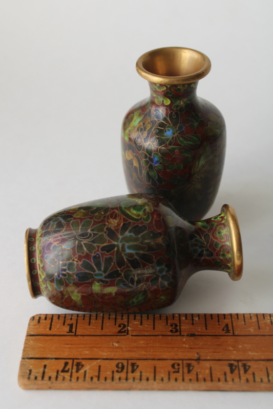 photo of cloisonne enamel small decorative urns, pair of vintage Chinese vases  #4