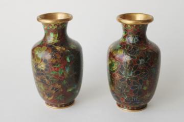 catalog photo of cloisonne enamel small decorative urns, pair of vintage Chinese vases 