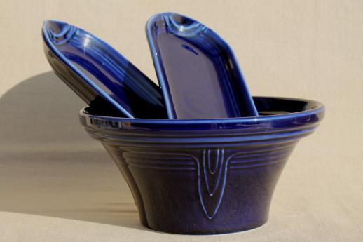 photo of cobalt blue Fiesta hostess bowl & relish dishes, newer Homer Laughlin Fiestaware #1