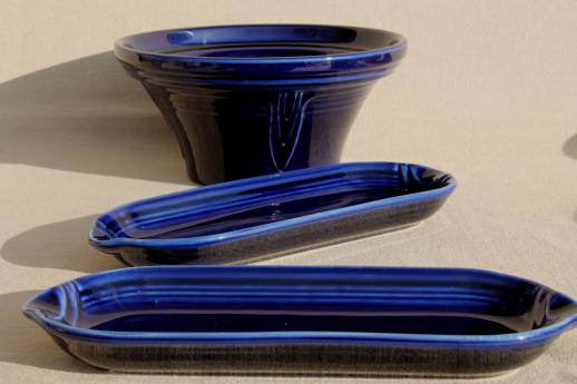 photo of cobalt blue Fiesta hostess bowl & relish dishes, newer Homer Laughlin Fiestaware #2