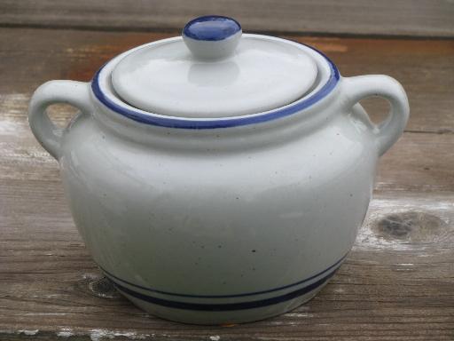 photo of cobalt blue band stoneware pottery bean pot or casserole, vintage Japan #1