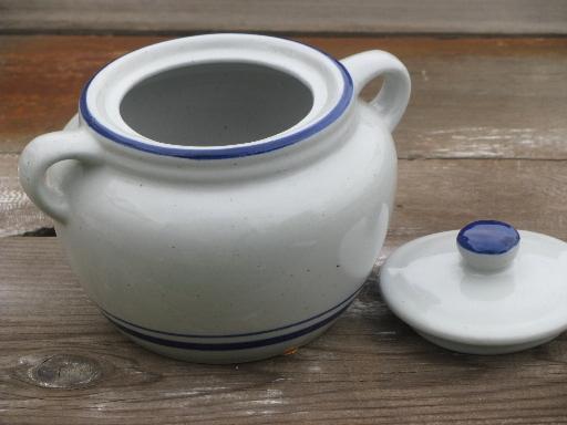 photo of cobalt blue band stoneware pottery bean pot or casserole, vintage Japan #2