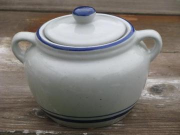 catalog photo of cobalt blue band stoneware pottery bean pot or casserole, vintage Japan