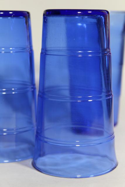 photo of cobalt blue depression glass tumblers, stacked panel ring band pattern drinking glasses #3