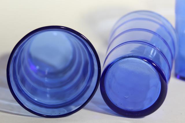 photo of cobalt blue depression glass tumblers, stacked panel ring band pattern drinking glasses #4