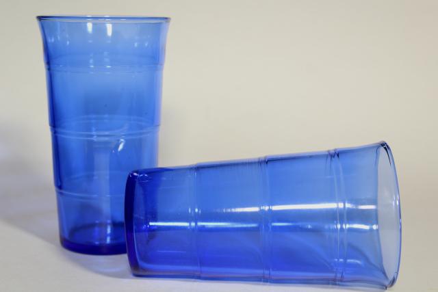 photo of cobalt blue depression glass tumblers, stacked panel ring band pattern drinking glasses #5