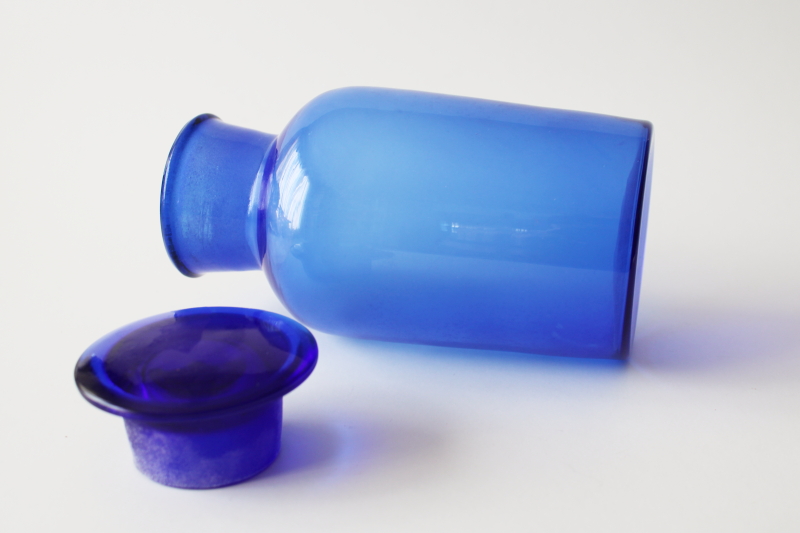 photo of cobalt blue glass apothecary bottle w/ glass stopper lid, storage jar small canister #2