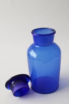 catalog photo of cobalt blue glass apothecary bottle w/ glass stopper lid, storage jar small canister