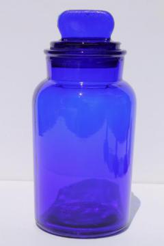 catalog photo of cobalt blue glass bottle canister jar w/ lid, vintage glassware made in Italy