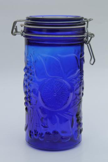 photo of cobalt blue glass canister, french style fruit jar w/ seal & hinged lid #1